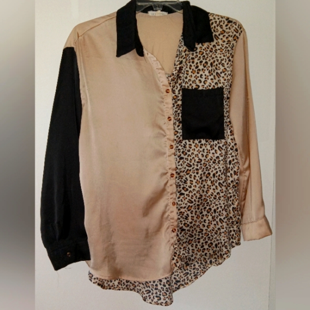 Womens two toned leopard print silk button down blouse